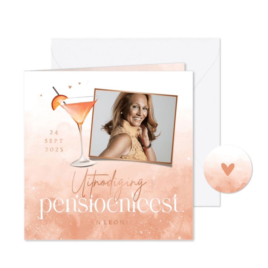 Uitnodiging pensioenfeest cocktail foto waterverf hartjes - Kaartimpressie
