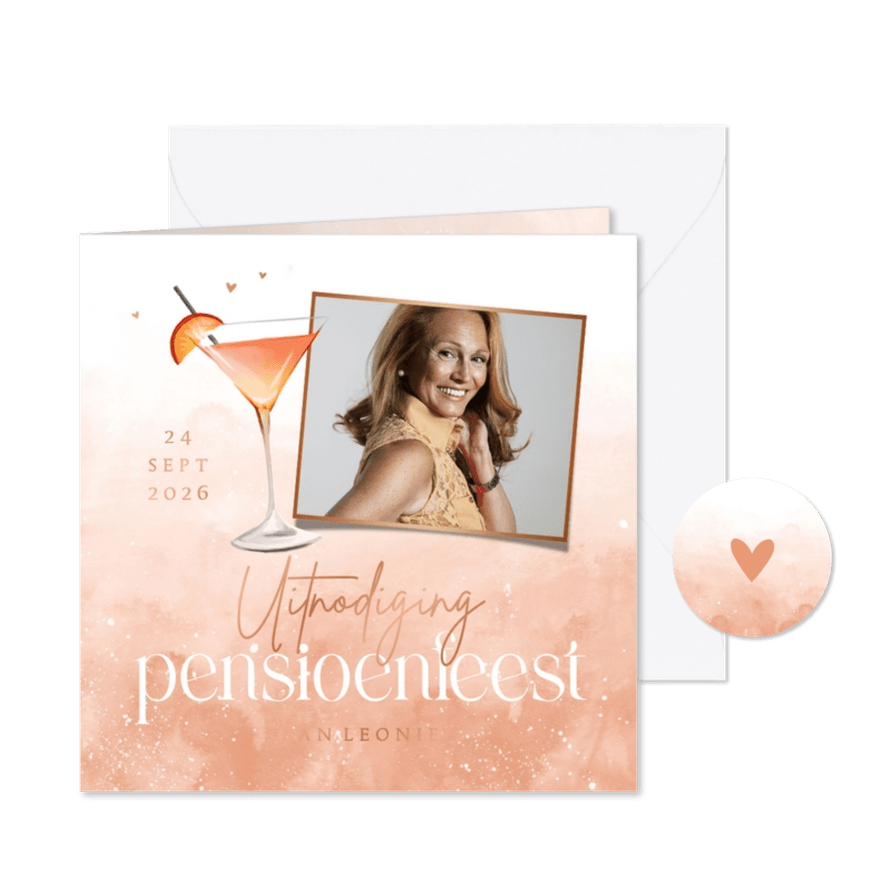 Uitnodiging pensioenfeest cocktail foto waterverf hartjes - Kaartimpressie