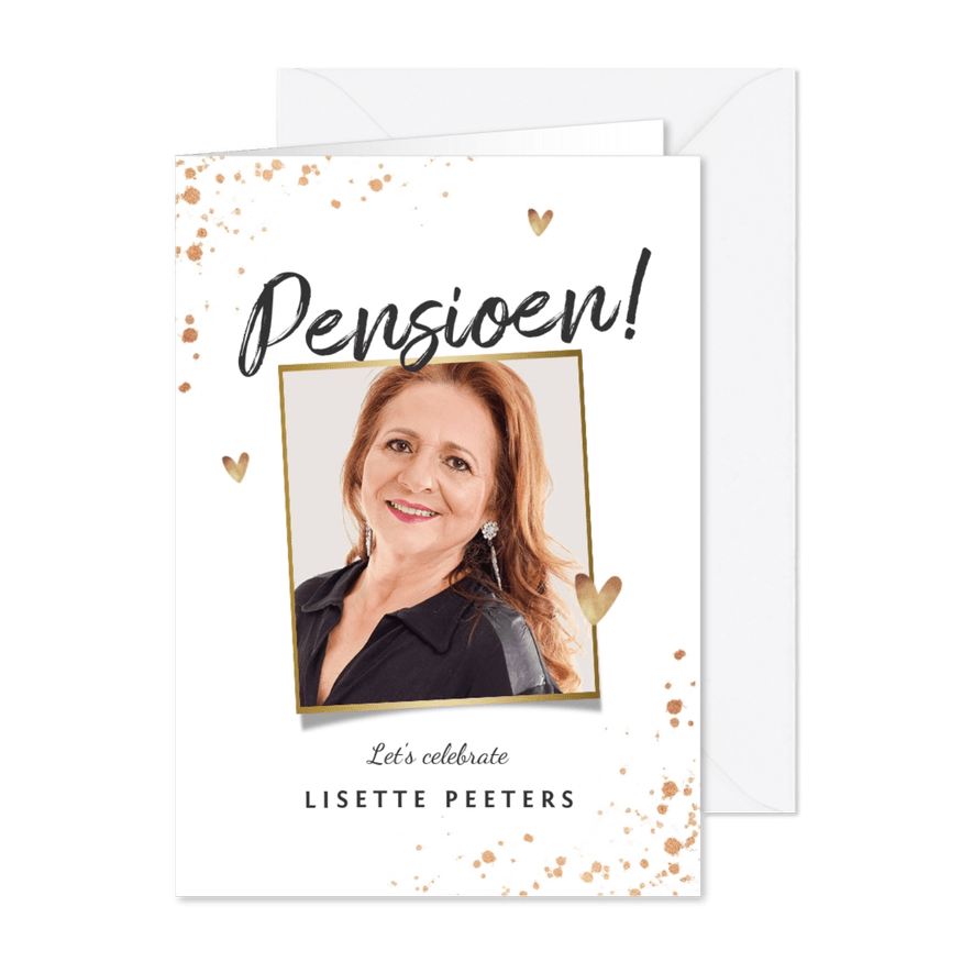 Uitnodiging pensioenfeest goud spetters champagne hartjes - Kaartimpressie