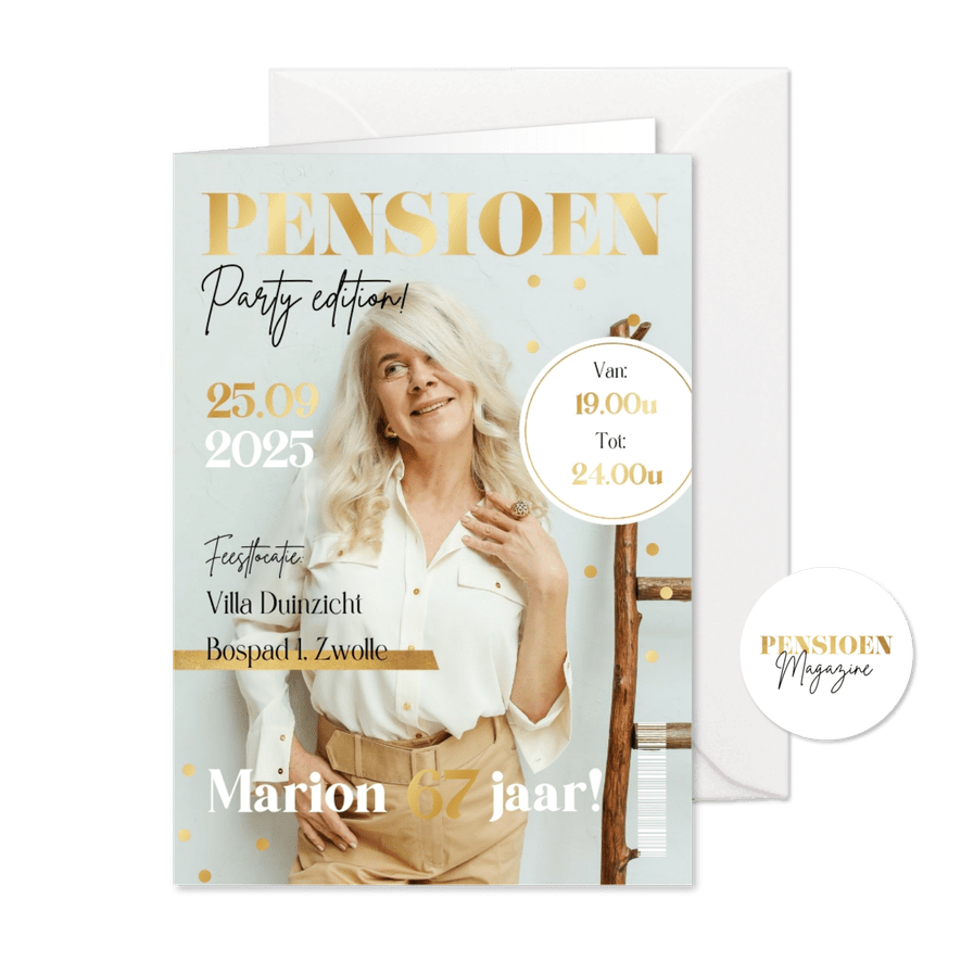 Uitnodiging pensioenfeest magazine cover goud party - Kaartimpressie