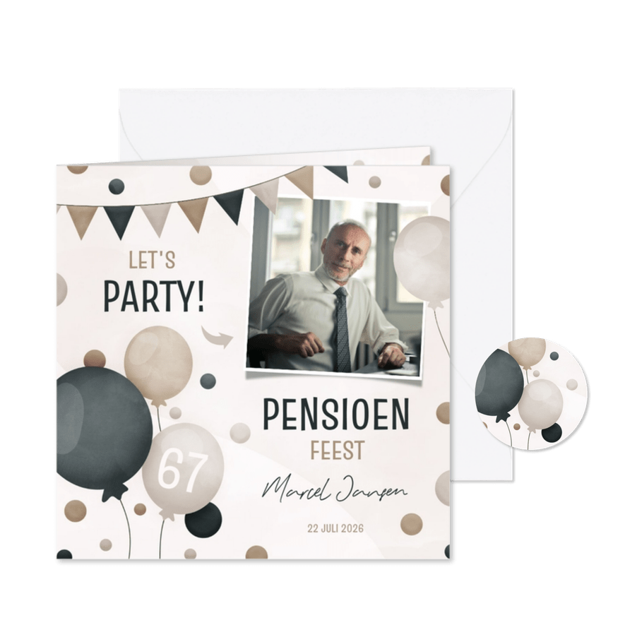Uitnodiging pensioenfeest met ballonnen slingers en confetti - Kaartimpressie