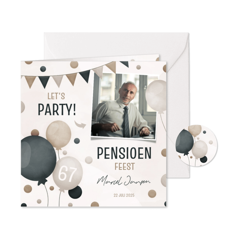 Uitnodiging pensioenfeest met ballonnen slingers en confetti - Kaartimpressie