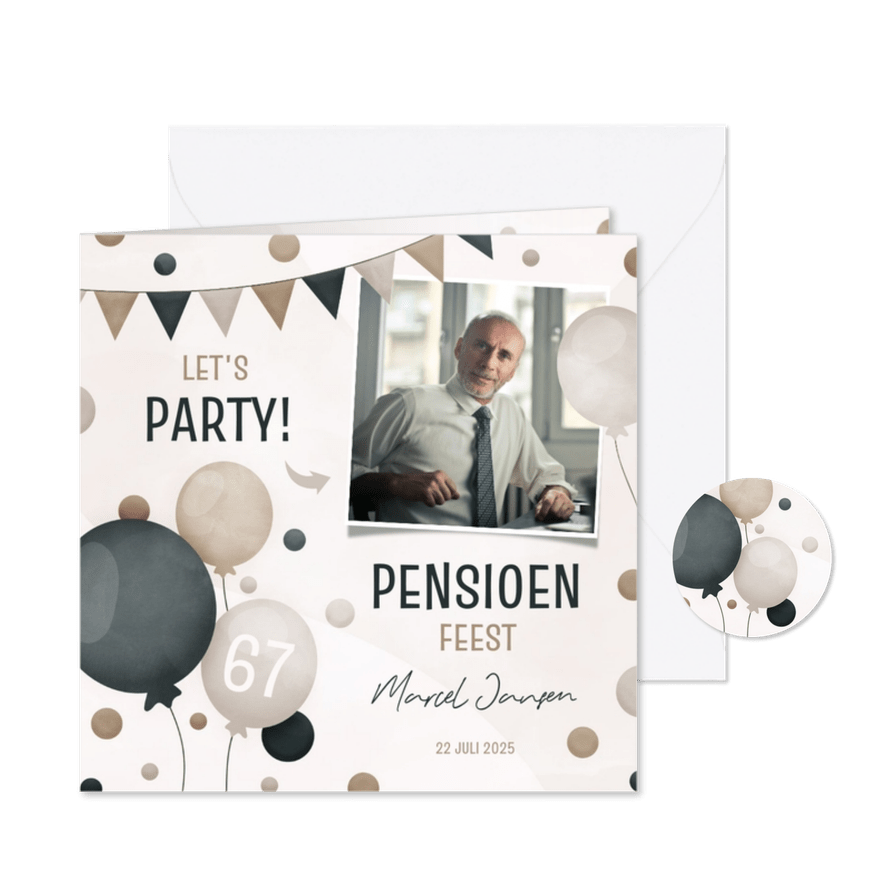 Uitnodiging pensioenfeest met ballonnen slingers en confetti - Kaartimpressie