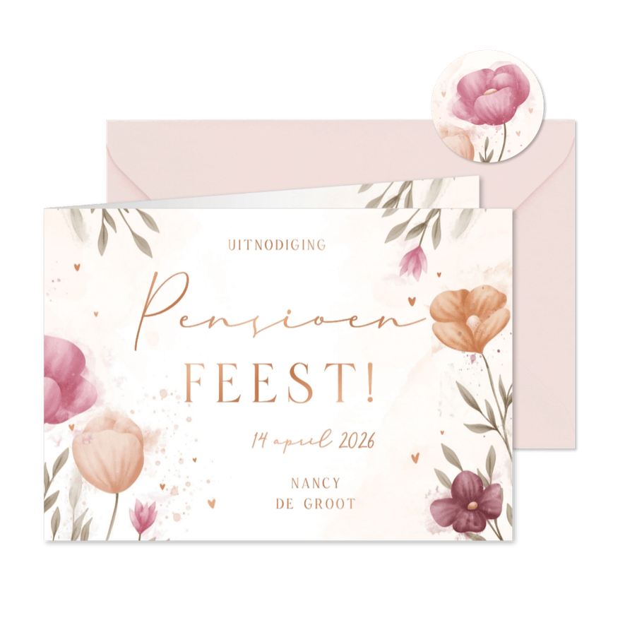 Uitnodiging pensioenfeest met bloemen met koperen hartjes - Kaartimpressie
