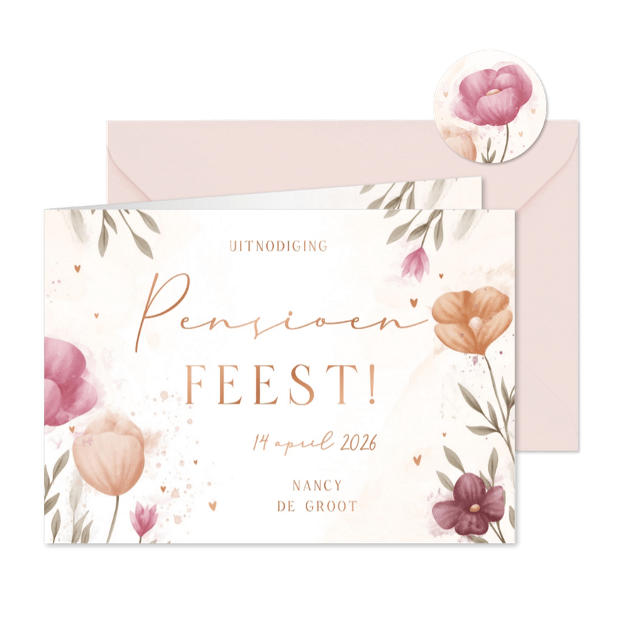 Uitnodiging pensioenfeest met bloemen met koperen hartjes - Kaartimpressie