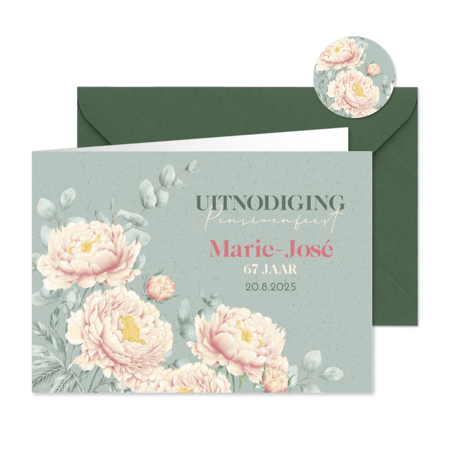 Uitnodiging pensioenfeest met pioenrozen - Kaartimpressie
