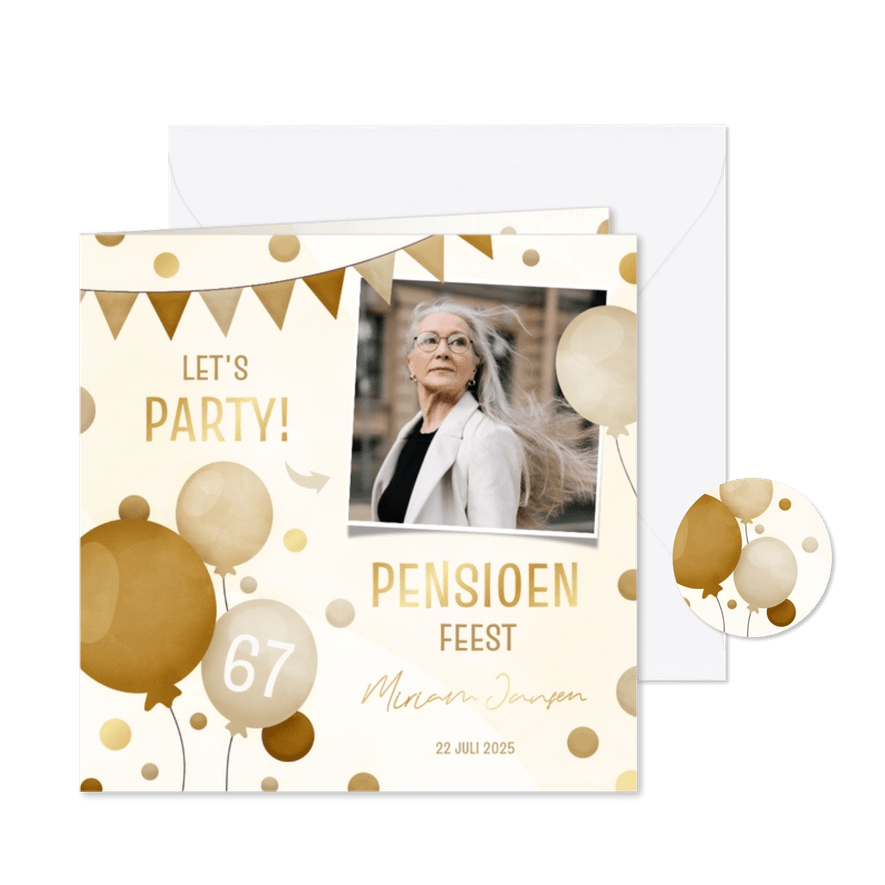 Uitnodiging pensioenfeest met slingers ballonnen en confetti - Kaartimpressie