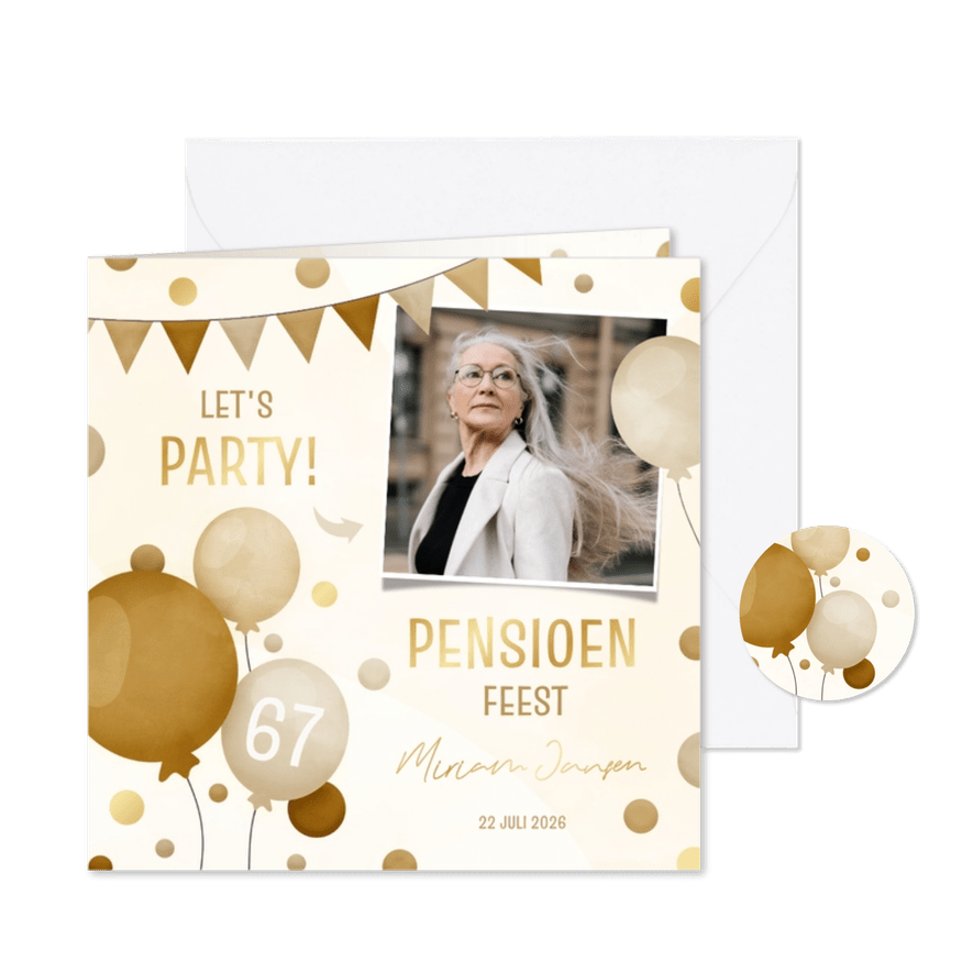 Uitnodiging pensioenfeest met slingers ballonnen en confetti - Kaartimpressie