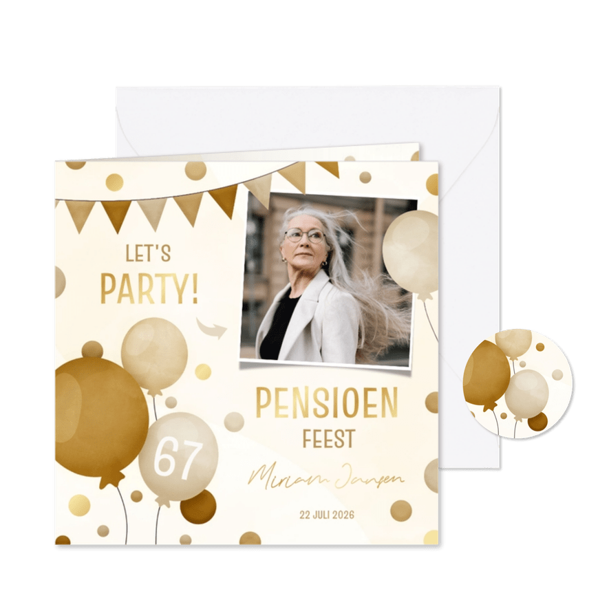 Uitnodiging pensioenfeest met slingers ballonnen en confetti - Kaartimpressie