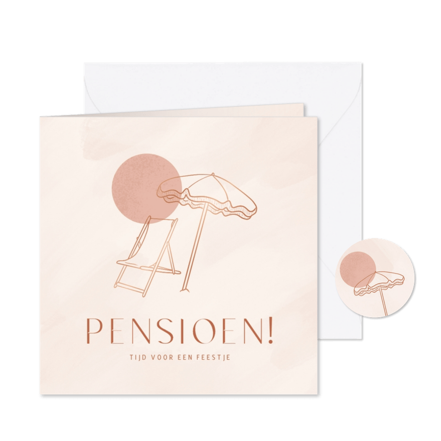 Uitnodiging pensioenfeest met strandstoel in koperfolie - Kaartimpressie