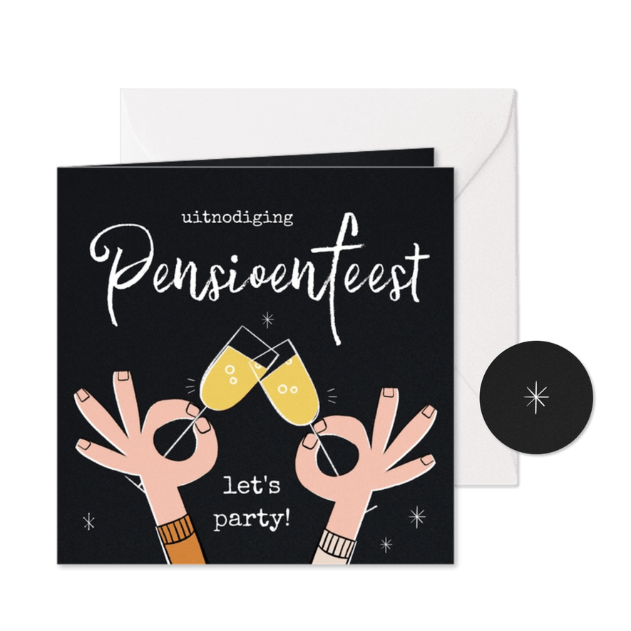 Uitnodiging pensioenfeest retro met proostende handjes - Kaartimpressie