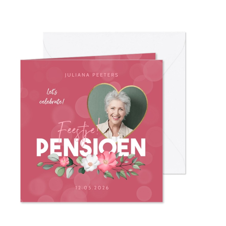 Uitnodiging pensioenfeest roze bloemen foto hart - Kaartimpressie
