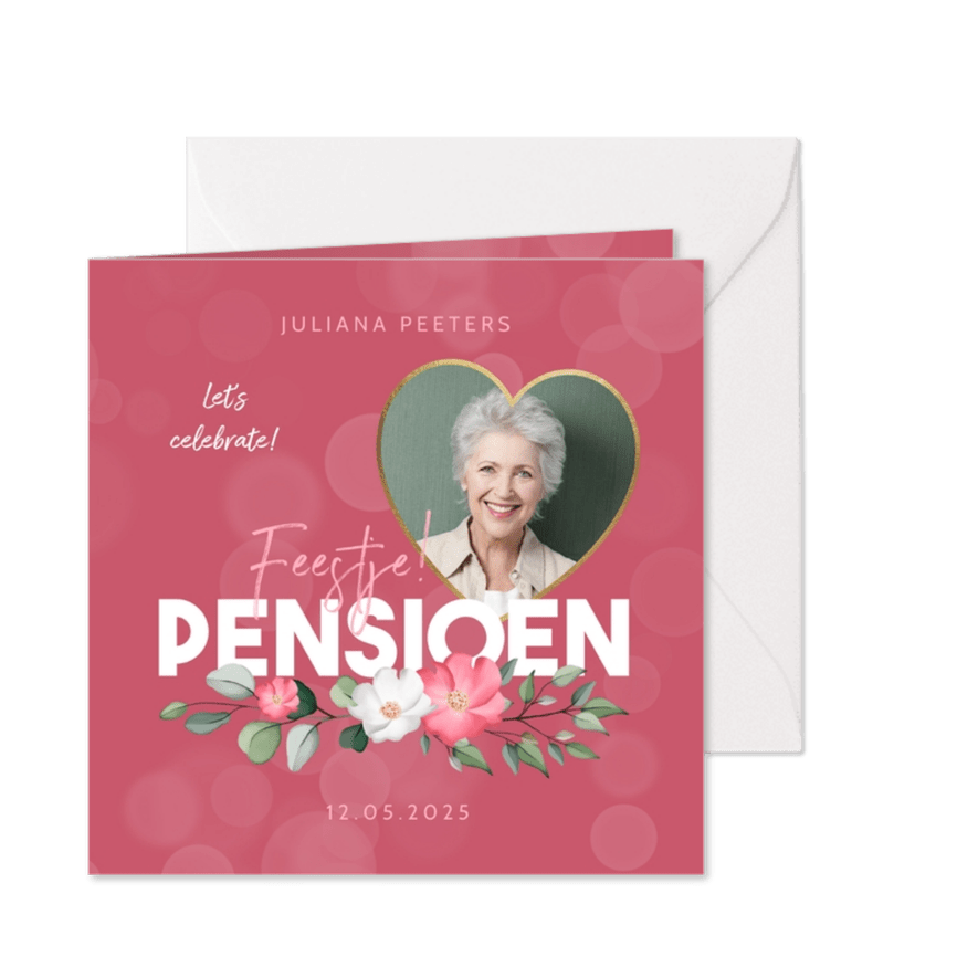 Uitnodiging pensioenfeest roze bloemen foto hart - Kaartimpressie