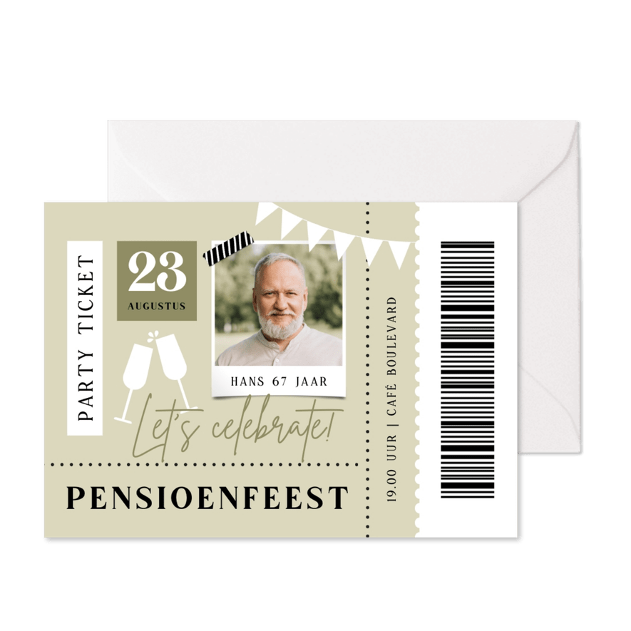 Uitnodiging pensioenfeest ticket foto modern - Kaartimpressie