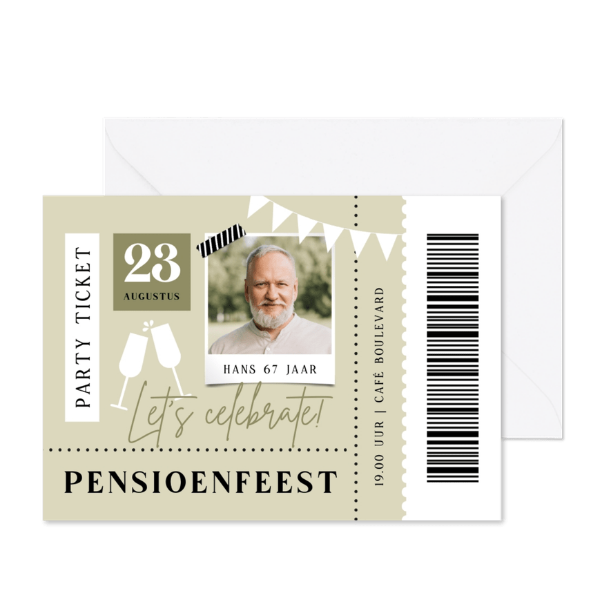 Uitnodiging pensioenfeest ticket foto modern - Kaartimpressie