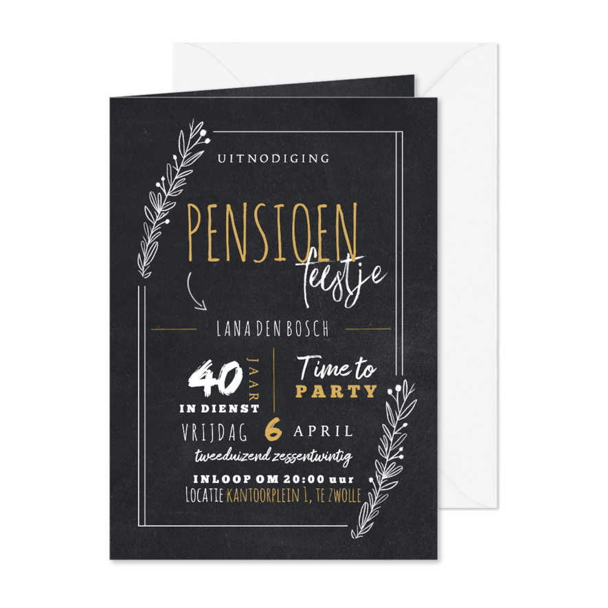 Uitnodiging pensioenfeest vrouw met takjes in krijtbord look - Kaartimpressie