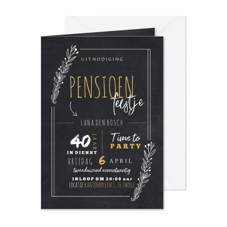 Uitnodiging pensioenfeest vrouw met takjes in krijtbord look - Kaartimpressie