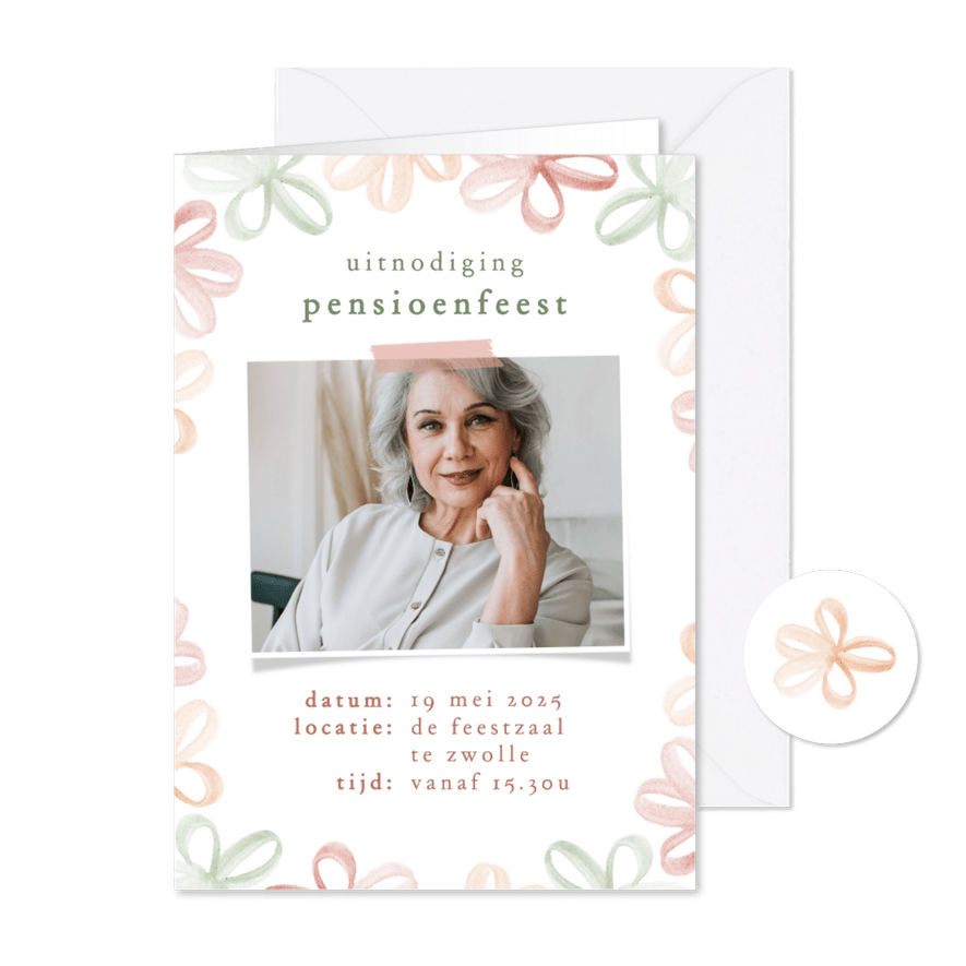 Uitnodiging pensioenfeest waterverf bloemen en foto - Kaartimpressie
