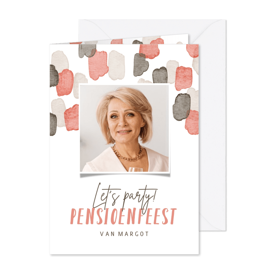 Uitnodiging pensioenfeest waterverf roze foto - Kaartimpressie