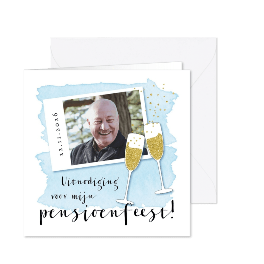 Uitnodiging pensioenfeestje champagne glazen - Kaartimpressie