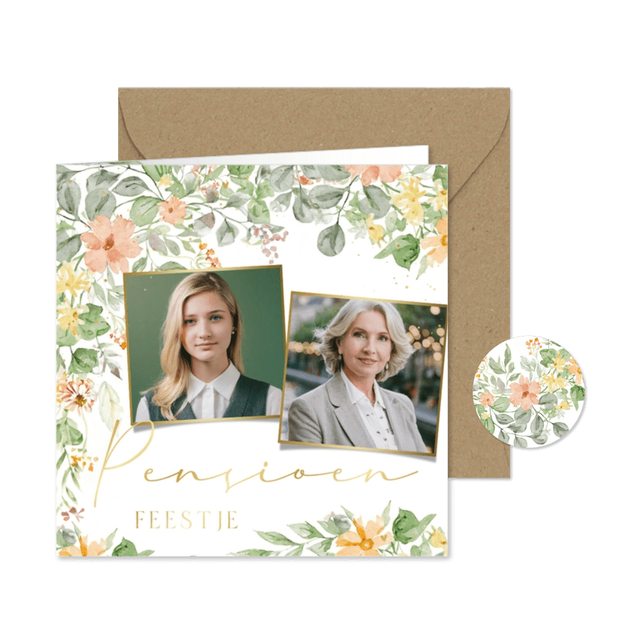 Uitnodiging pensioenfeestje met bloemetjes en goudfolie - Kaartimpressie