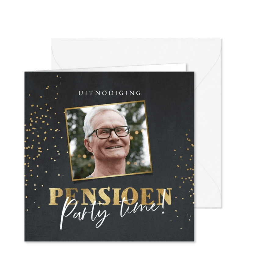 Uitnodiging pensioensfeest met foto en goud op velvetgrijs - Kaartimpressie