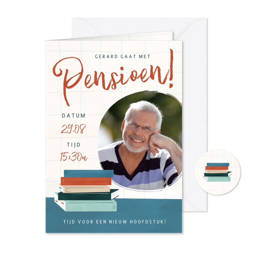 Uitnodiging pensioensfeestje boeken nieuw hoofdstuk foto - Kaartimpressie
