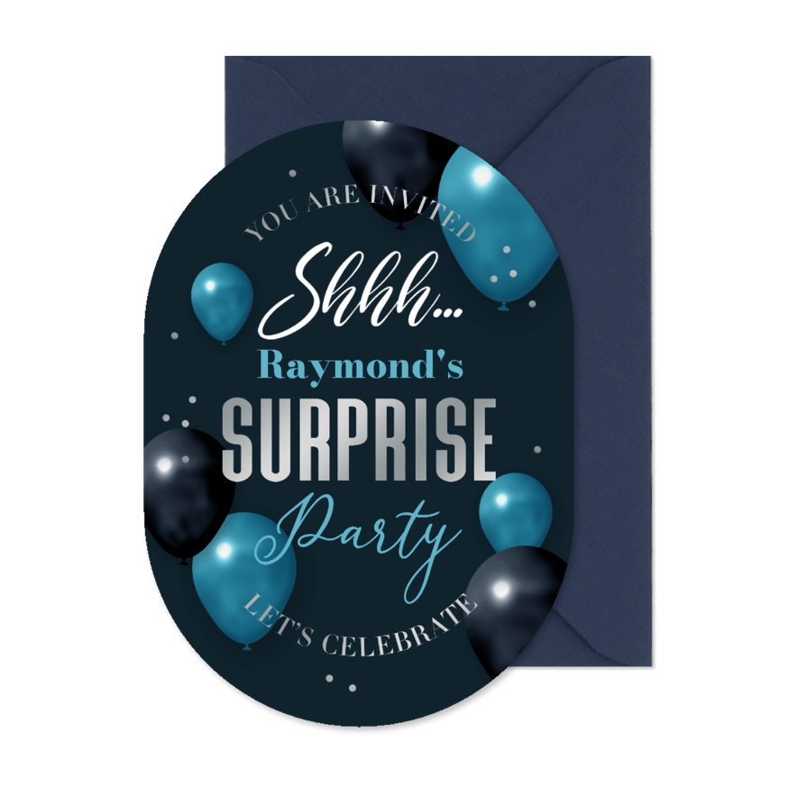 Uitnodiging pilvorm surprise party ballonnen shhh - Kaartimpressie