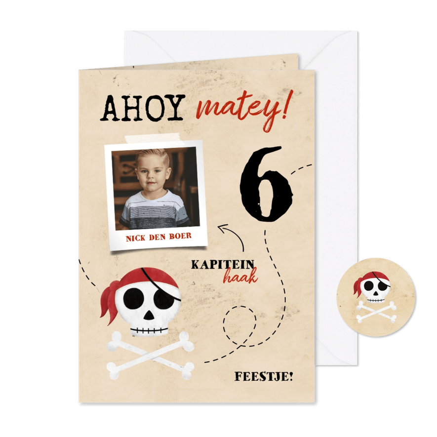 Uitnodiging piratenfeestje met foto en schedel - Kaartimpressie