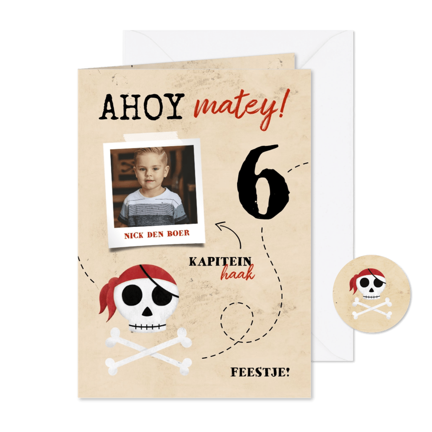 Uitnodiging piratenfeestje met foto en schedel - Kaartimpressie