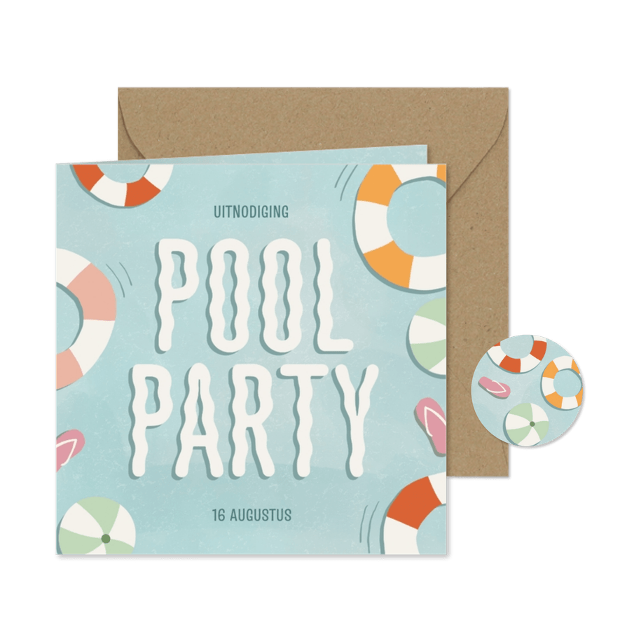 Uitnodiging poolparty met water zwembanden slippers - Kaartimpressie