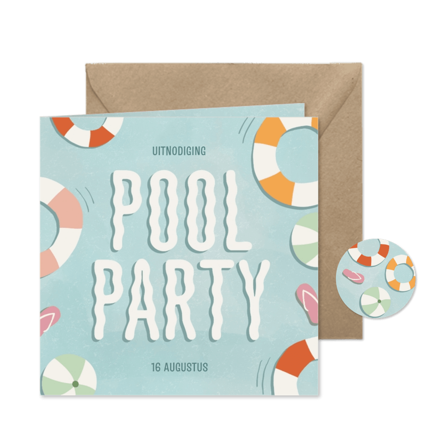 Uitnodiging poolparty met water zwembanden slippers  - Kaartimpressie