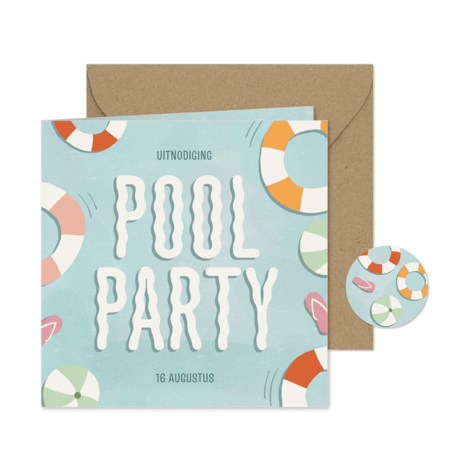 Uitnodiging poolparty met water zwembanden slippers - Kaartimpressie