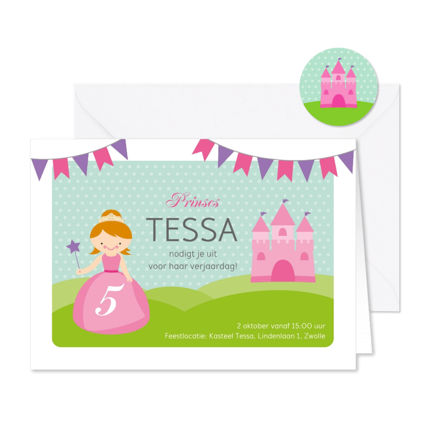 Uitnodiging prinsessenfeestje prinses met kasteel - Kaartimpressie