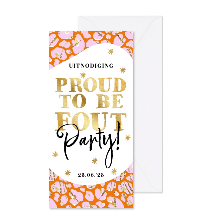Uitnodiging 'Proud to be Fout' panterprint sterren goud 30 - Kaartimpressie