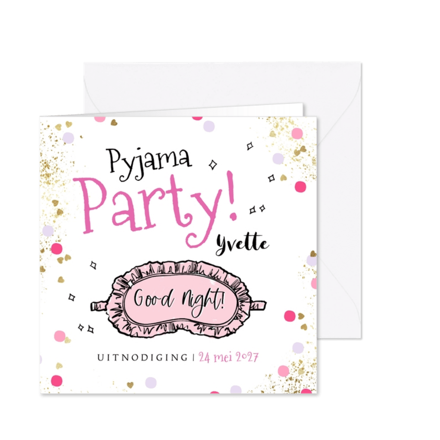 Uitnodiging pyjama party illustratie slaapmasker confetti - Kaartimpressie