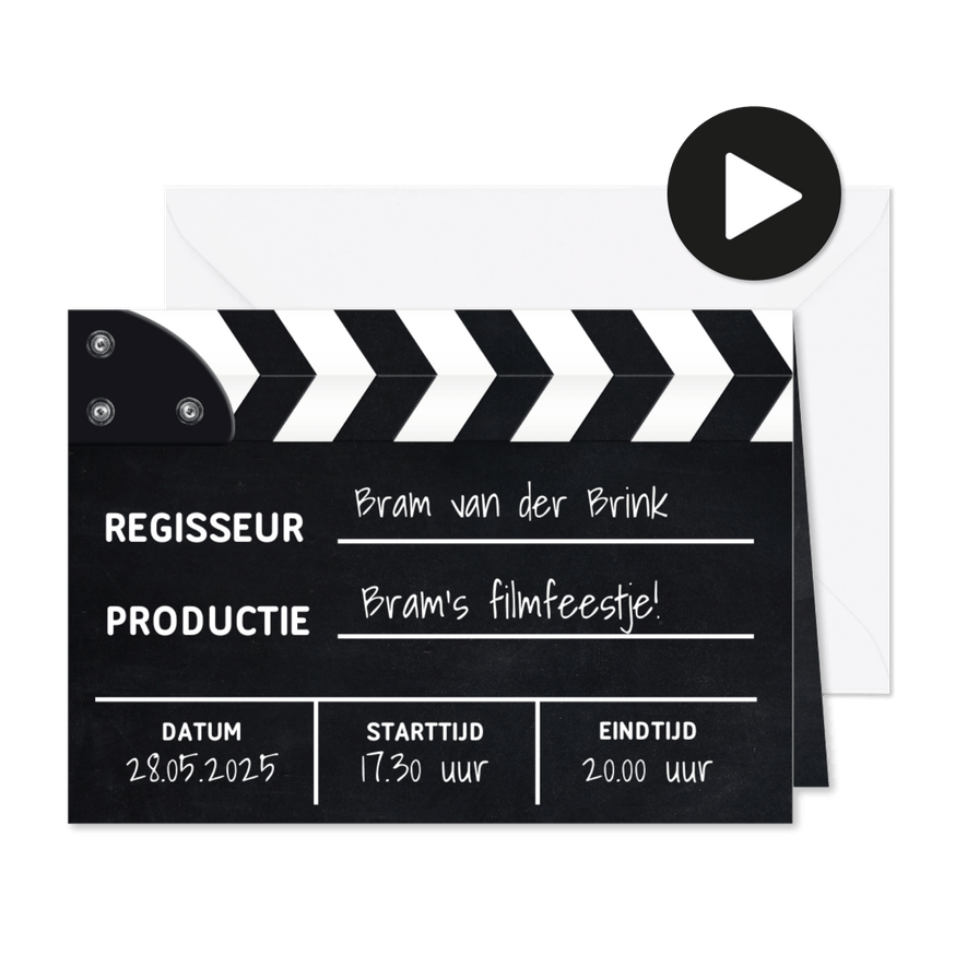 Uitnodiging regisseursbord voor filmfeestje met filmklapper - Kaartimpressie