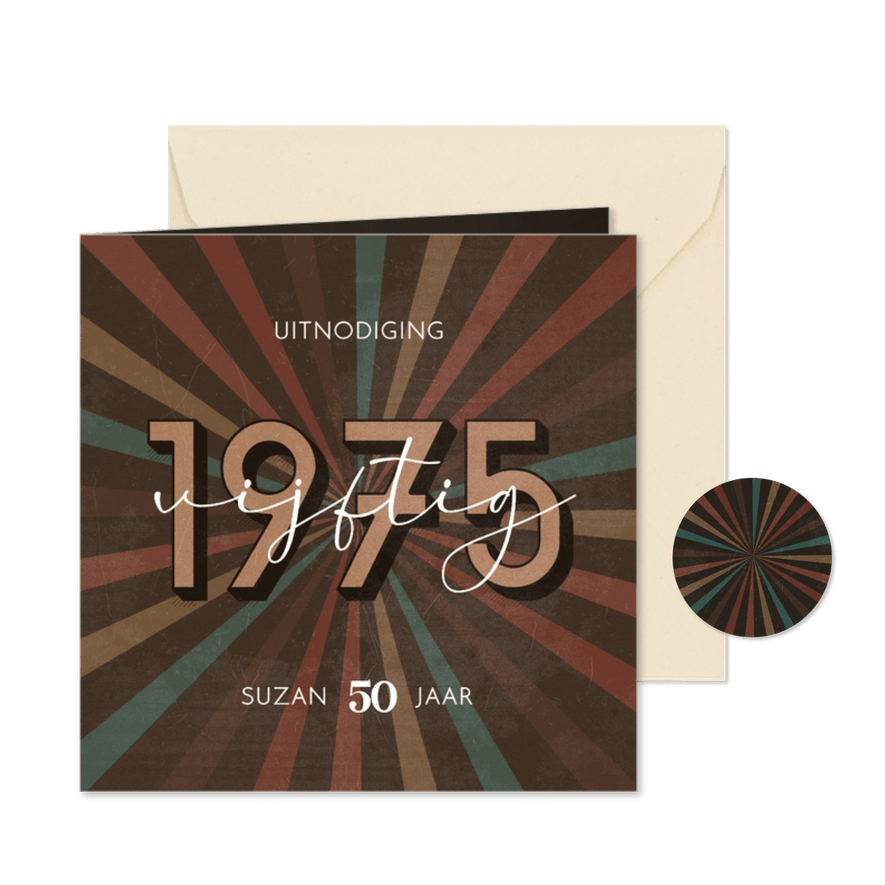 Uitnodiging retro 1975 3d stralen gekleurd vijftig jaar - Kaartimpressie