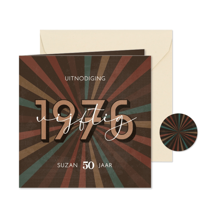 Uitnodiging retro 1976 3d stralen gekleurd vijftig jaar - Kaartimpressie