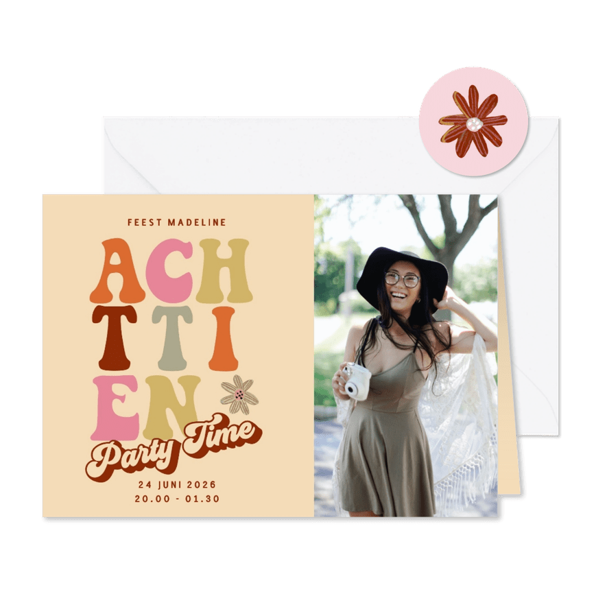 Uitnodiging retro feestje achttien jaar - Kaartimpressie