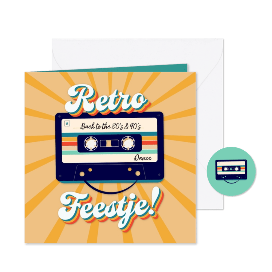 Uitnodiging retro feestje met gaaf design cassettebandje - Kaartimpressie