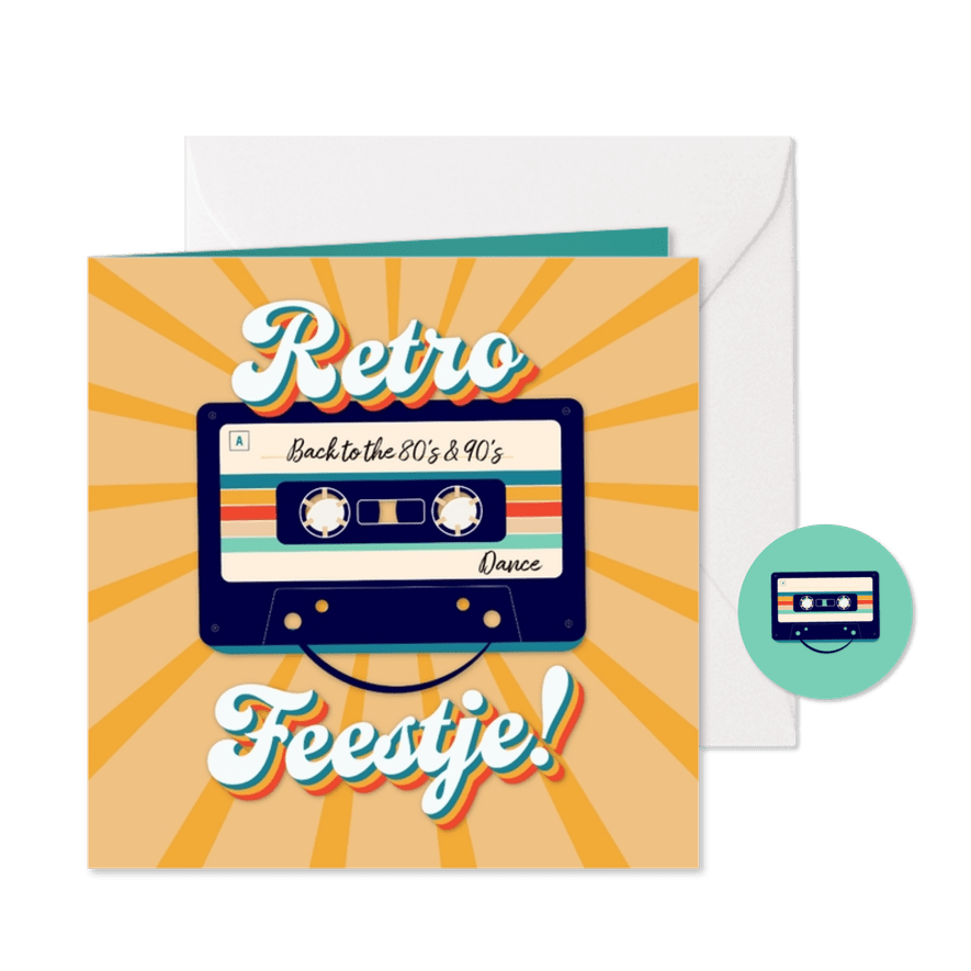 Uitnodiging retro feestje met gaaf design cassettebandje - Kaartimpressie