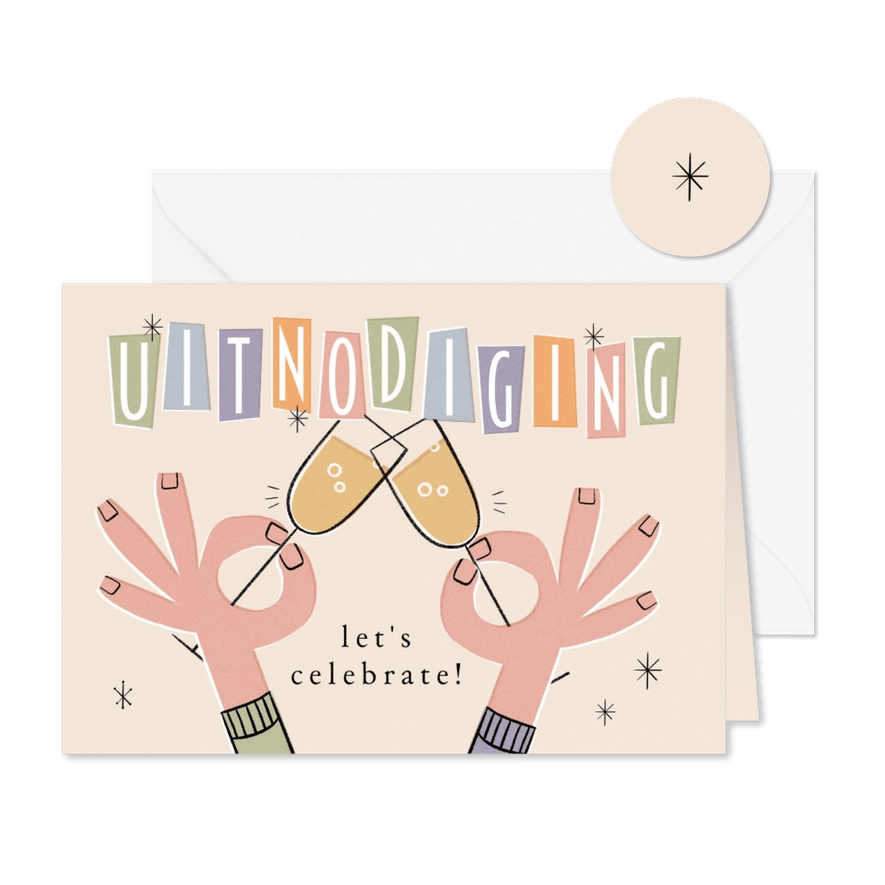 Uitnodiging retro gekleurde letters champagne - Kaartimpressie