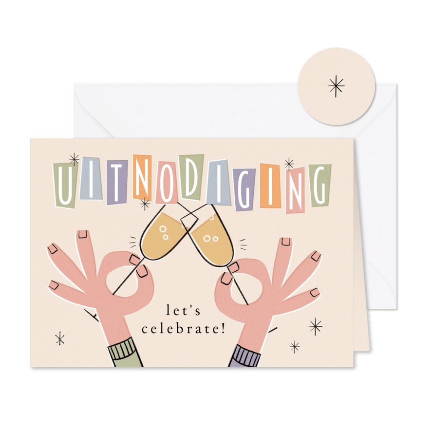 Uitnodiging retro gekleurde letters champagne - Kaartimpressie