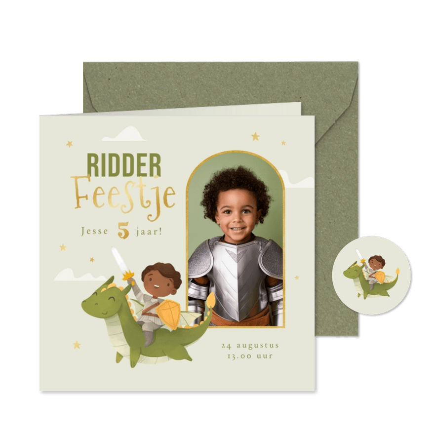 Uitnodiging ridderfeestje ridder draak kasteel foto - Kaartimpressie