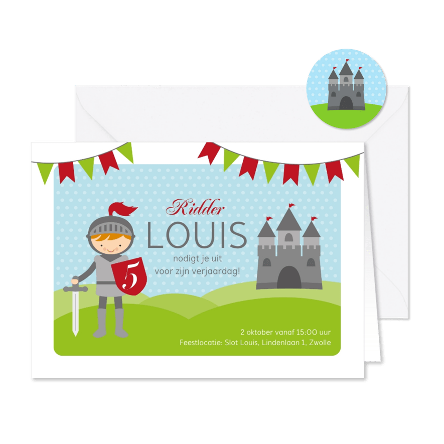 Uitnodiging ridderfeestje ridder met kasteel - Kaartimpressie