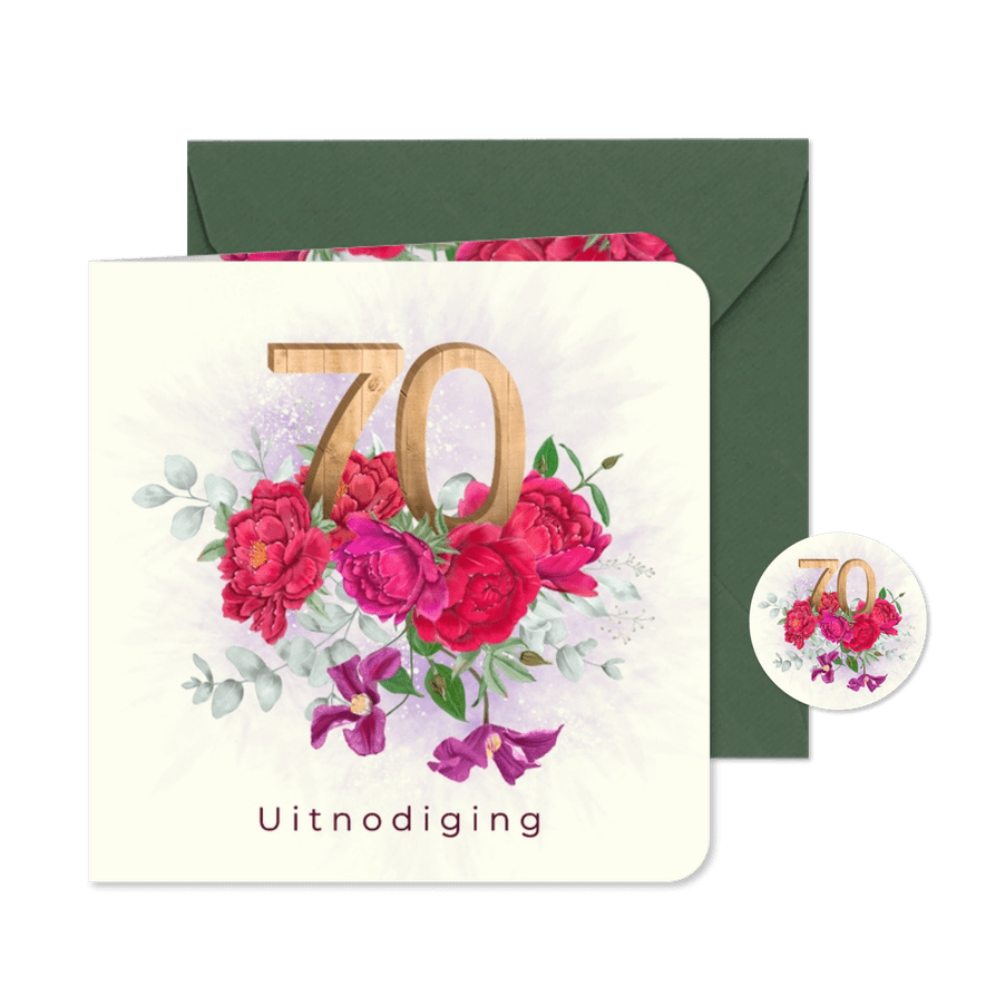 Uitnodiging rode pioenrozen 70 jaar in hout - Kaartimpressie