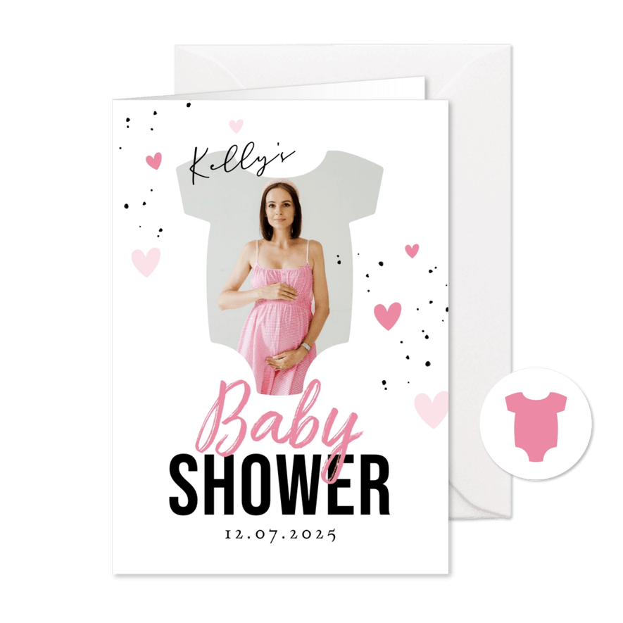 Uitnodiging roze babyshower rompertje foto hartjes - Kaartimpressie