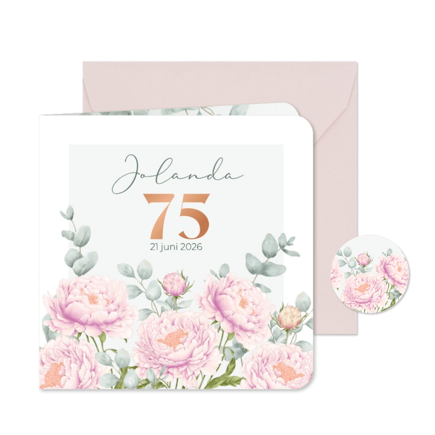 Uitnodiging roze pioenrozen met eucalyptus - Kaartimpressie