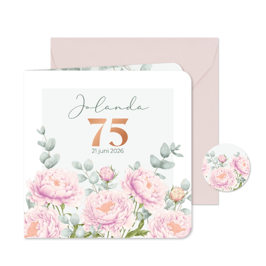 Uitnodiging roze pioenrozen met eucalyptus - Kaartimpressie